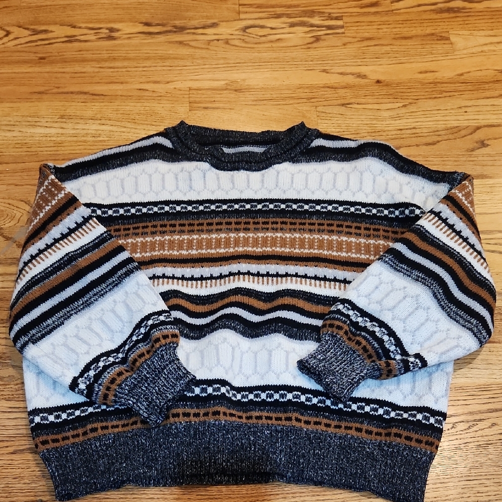 ROMWE Striped Crewneck Sweater - Blue, Brown, White